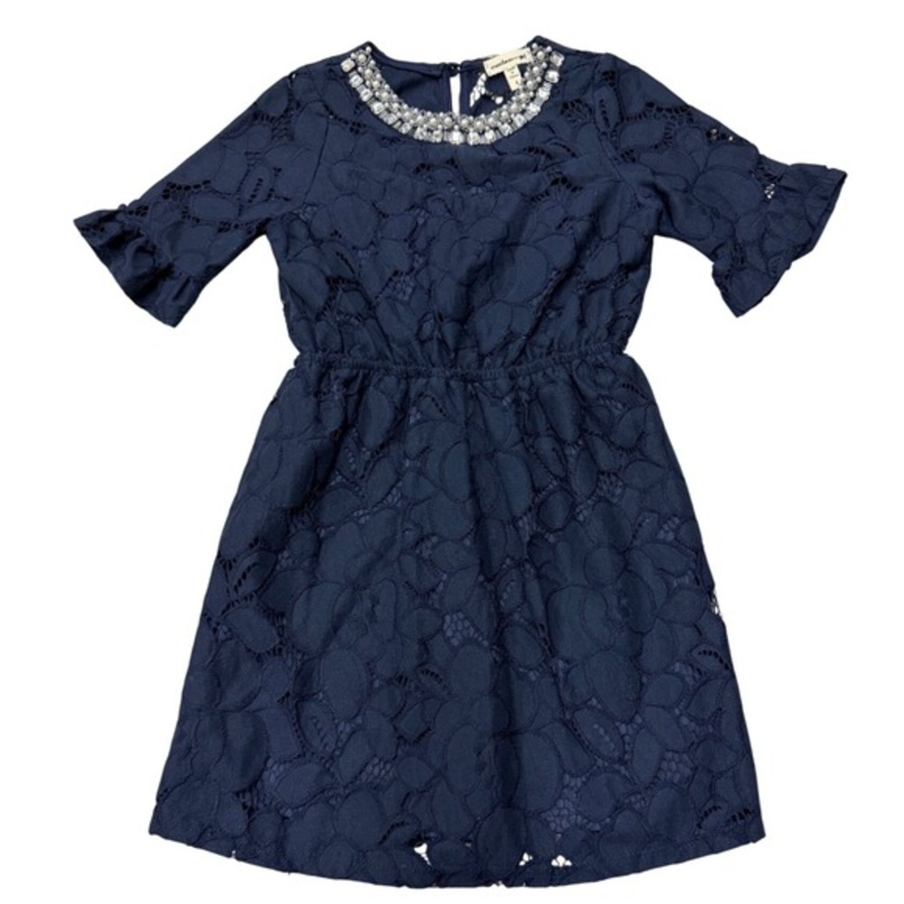Monteau Girl Navy Blue Lace Beaded‎ Dress Kids Size 4 Flutter Sleeve Kidcore